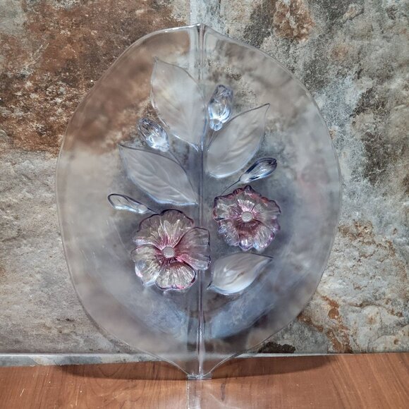 Glass Crystal Frosted Calypso Canape Hibiscus Leaf Shape Platter - Picture 1 of 16